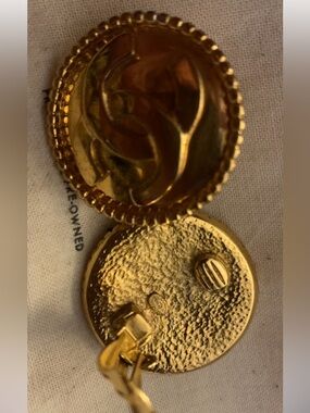 CHANEL Gold-Tone Round Logo Drop Earrings Vintage Chanel pre luv